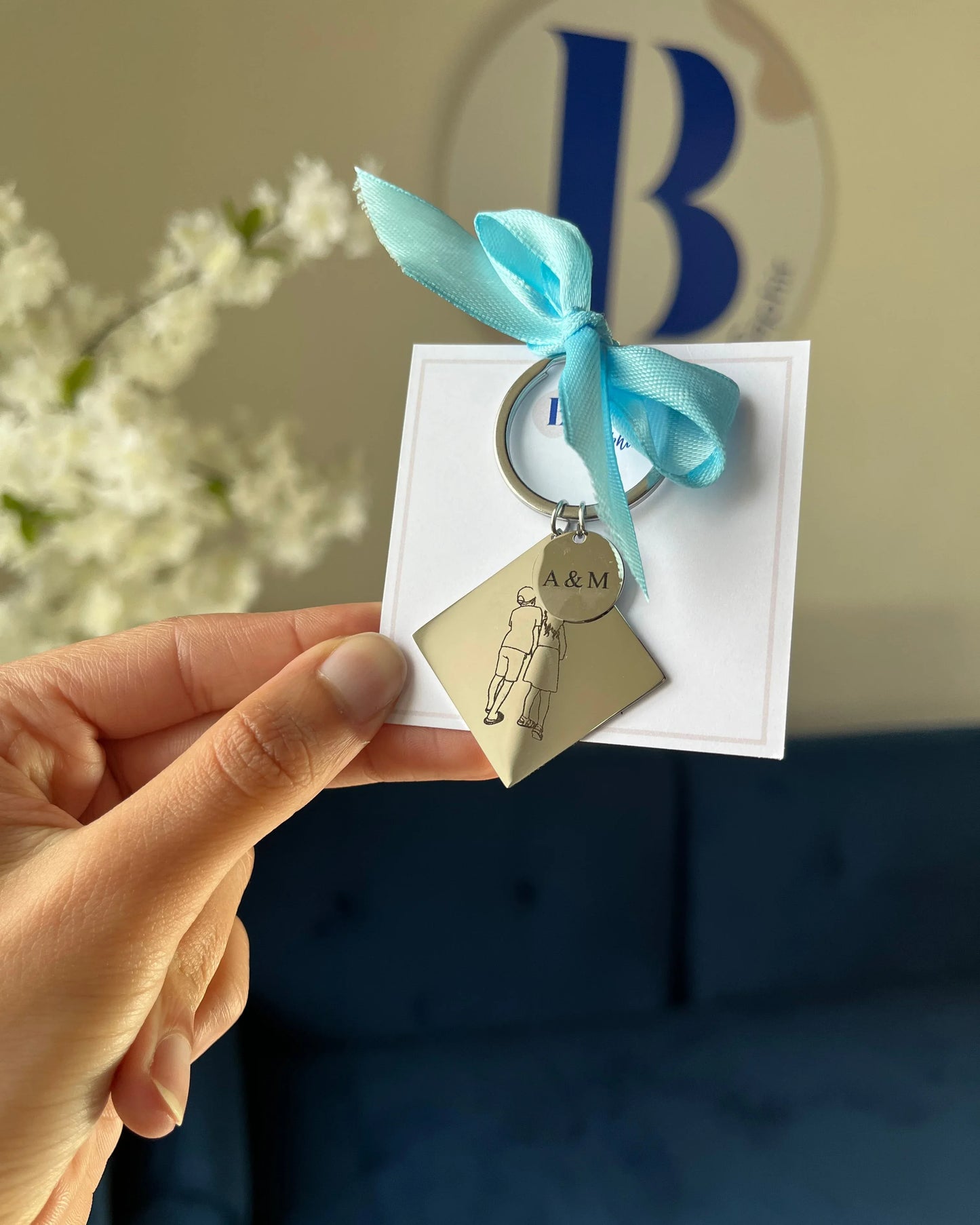 "SOUVENIR" - Porte-clé losange gravé à partir d'une photo - Bleu Saphir