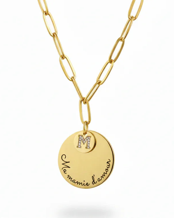 Collier "SINCERE" personnalisé avec médaillon initiale et texte gravé - Bleu Saphir