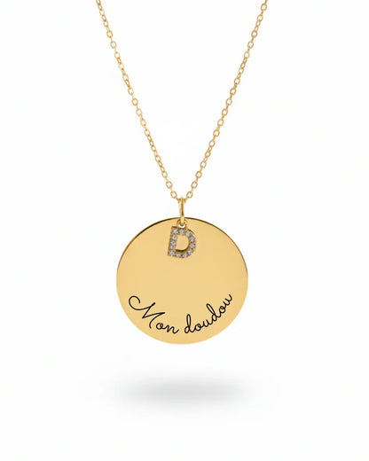 Collier "AMOUR" personnalisé avec lettre initiale et texte gravé - Bleu Saphir