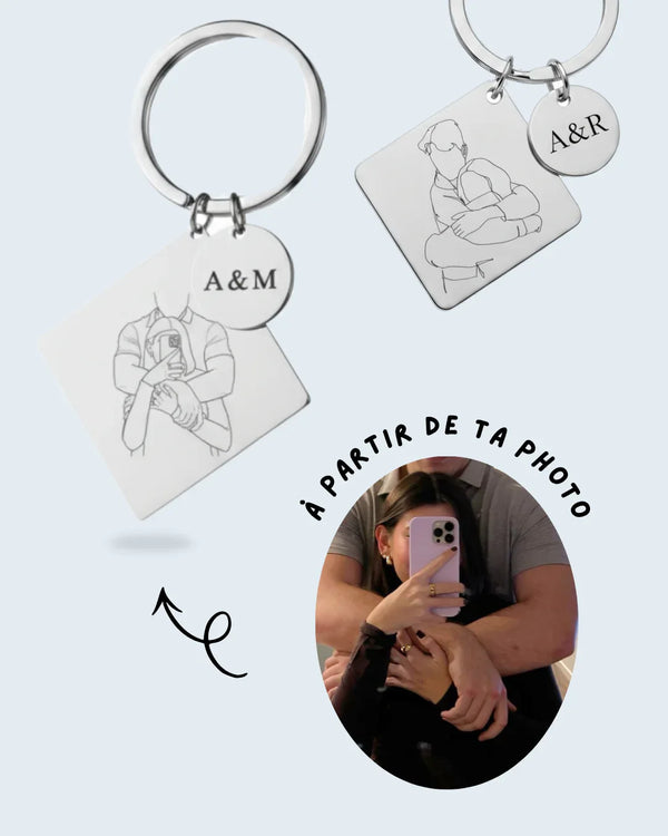 "SOUVENIR" - Porte-clé losange gravé à partir d'une photo - Bleu Saphir