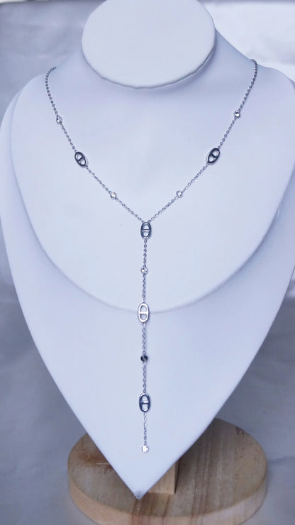 Collier "CAROLINA"- Collier Y acier – maillons ovales - Bleu Saphir