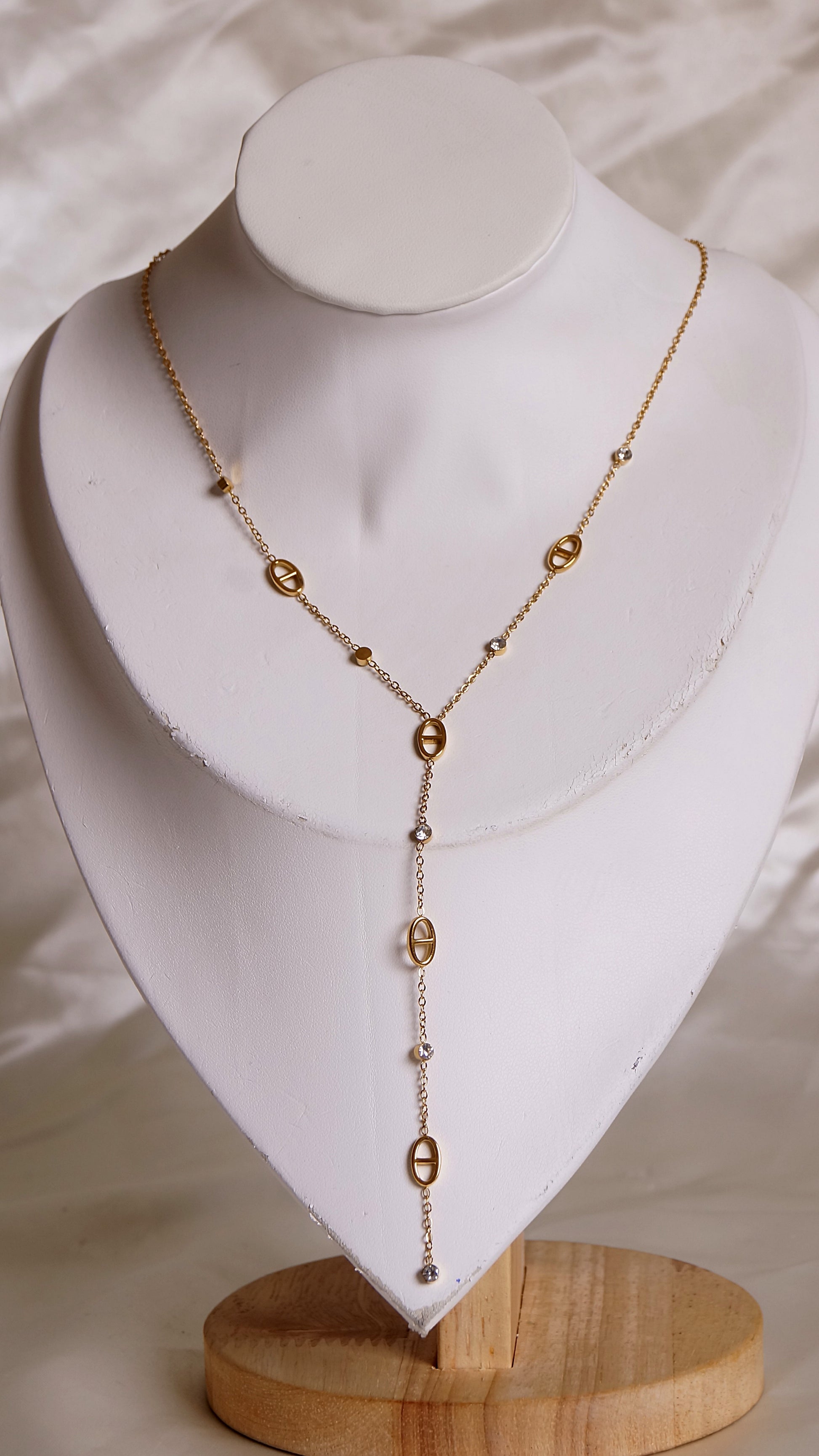 Collier Y CAROLINA acier inoxydable maillons ovales dorés sautoir ajustable femme